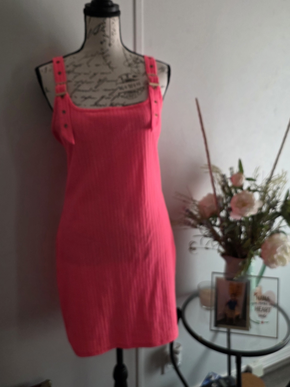 Say What? Hot Pink Ribbed Tank Midi Dress with Buckle Straps Size M